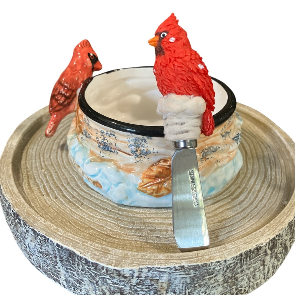 Cardinal Birds Ceramic 4.5 inch Crock and Spreader